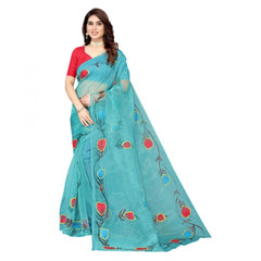 Generic Women's Organza Floral Pattern Sarees (Rama, 5-6 Mtrs)