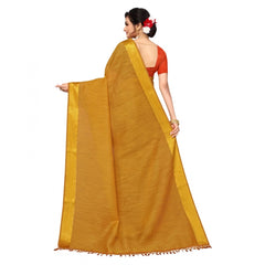 Generic Women's Cotton Blend Stripe Pattern Sarees (Mustard, 5-6 Mtrs)