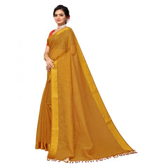 Generic Women's Cotton Blend Stripe Pattern Sarees (Mustard, 5-6 Mtrs)