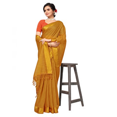 Generic Women's Cotton Blend Stripe Pattern Sarees (Mustard, 5-6 Mtrs)