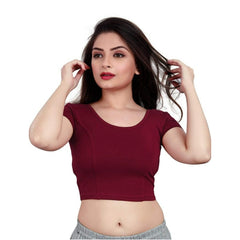 Generic Women's Short Sleeve Cotton Lycra Readymade Blouse (Maroon, Free Size)