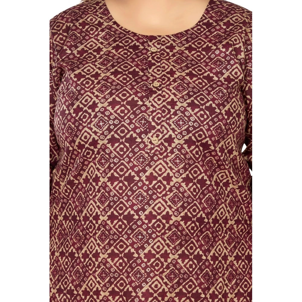 Generisches Damen-Kurti mit 3/4-Ärmeln und goldenem Foliendruck, gerade geschnittenes Kapsel-Baumwoll-Kurti (Kastanienbraun)