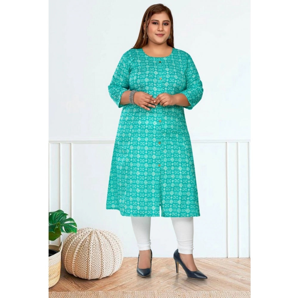 Generic Women's Casual 3/4th Sleeve Regular Printed Pure Cotton Prince Cut A-Line Kurti (Turquoise)