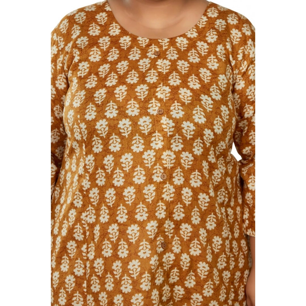 Generic Women's Casual 3/4th Sleeve Printed Pure Cotton Prince Cut A-Line Kurti (Mustard)