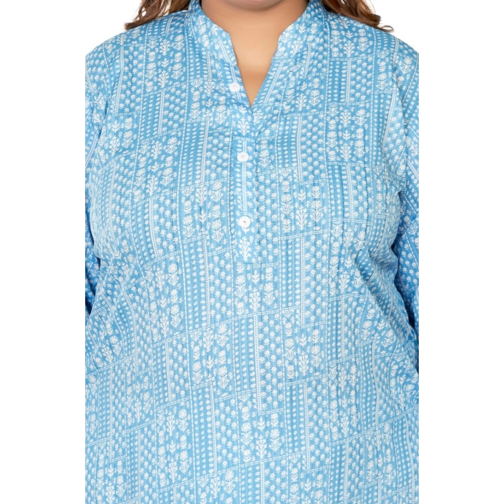 Generic Women's Casual 3/4th Sleeve Full printed Imported Synthetix Straight Kurti (Blue)