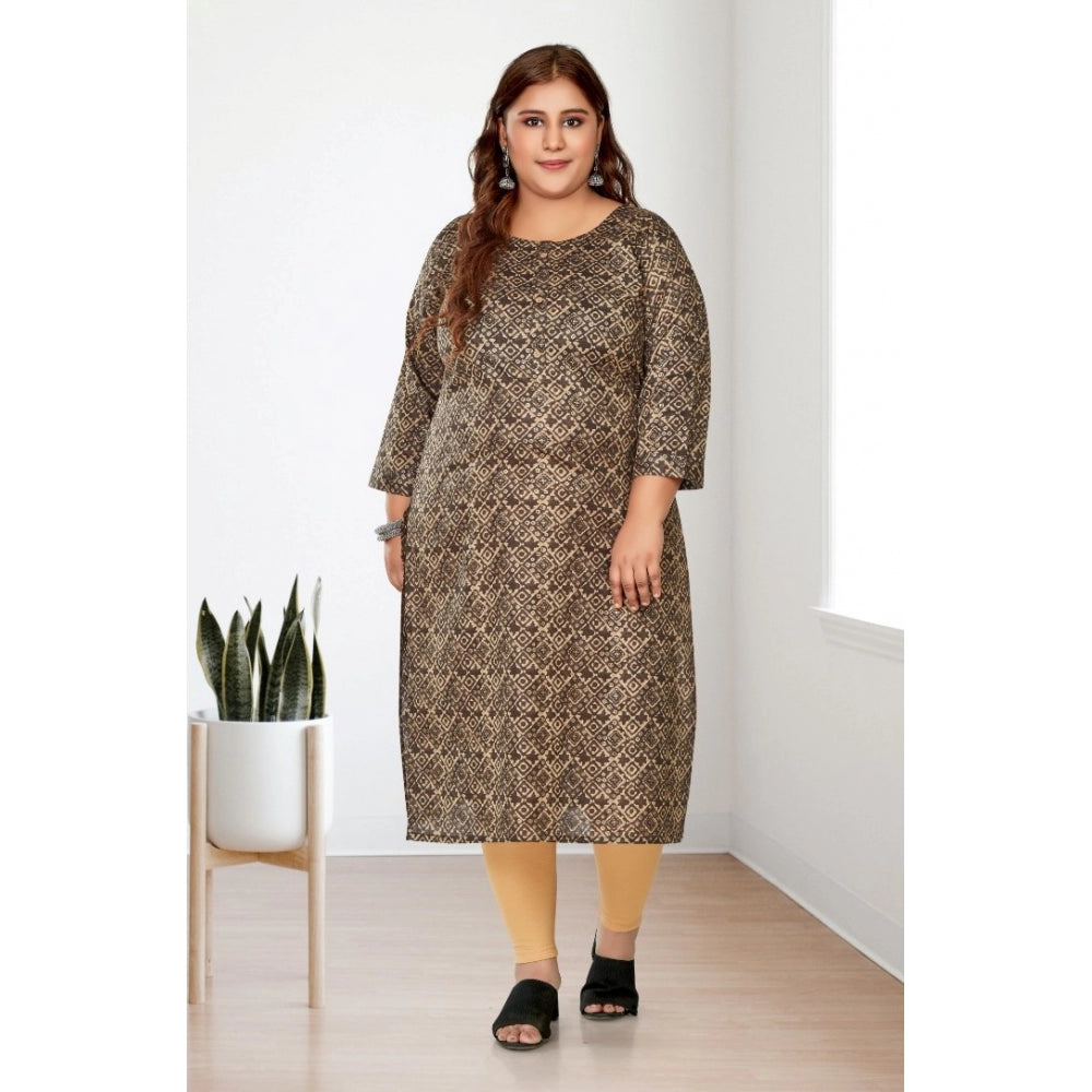 Generic Women's Casual 3/4th Sleeve Golden Foil Printed Capsule Cotton Straight Kurti (Brown)