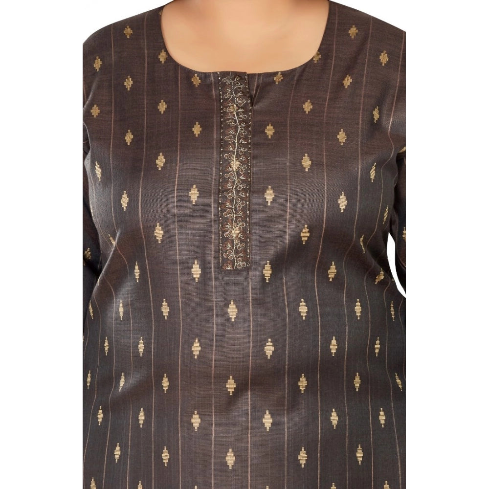 Generic Women's Casual 3/4th Sleeve Golden Embroided Cotton Mix Straight Kurti (Dark Grey)