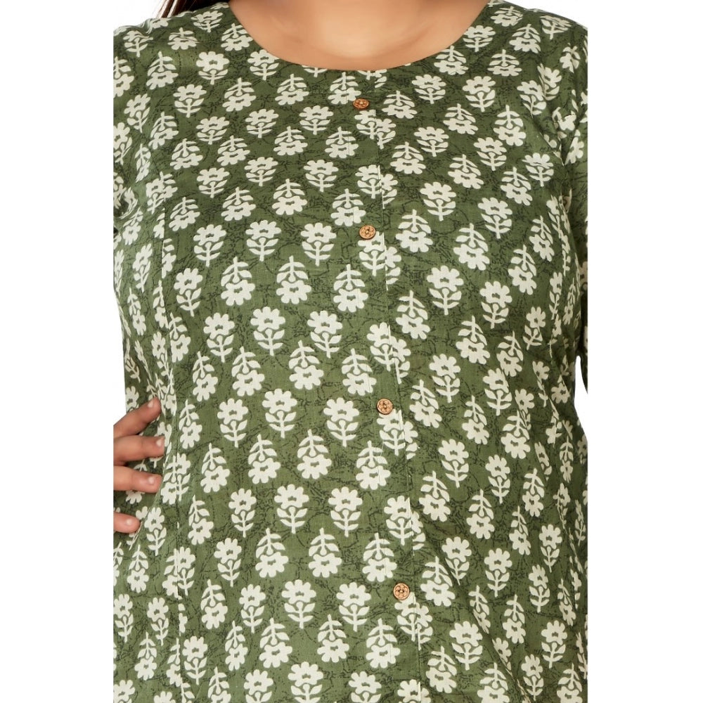 Generic Women's Casual 3/4th Sleeve Printed Pure Cotton Prince Cut A-Line Kurti (Green)