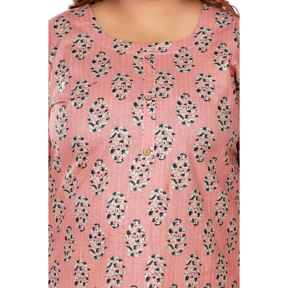 Generic Women's Casual 3/4th Sleeve Golden Foil Printed Pure Cotton Straight Kurti (Corel Pink)