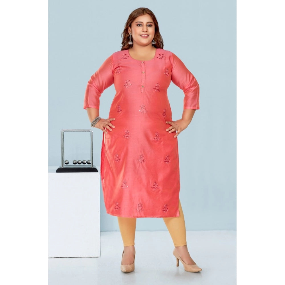 Generic Women's Casual 3/4th Sleeve Mirror Embroided Rayon Straight Kurti (Pink)