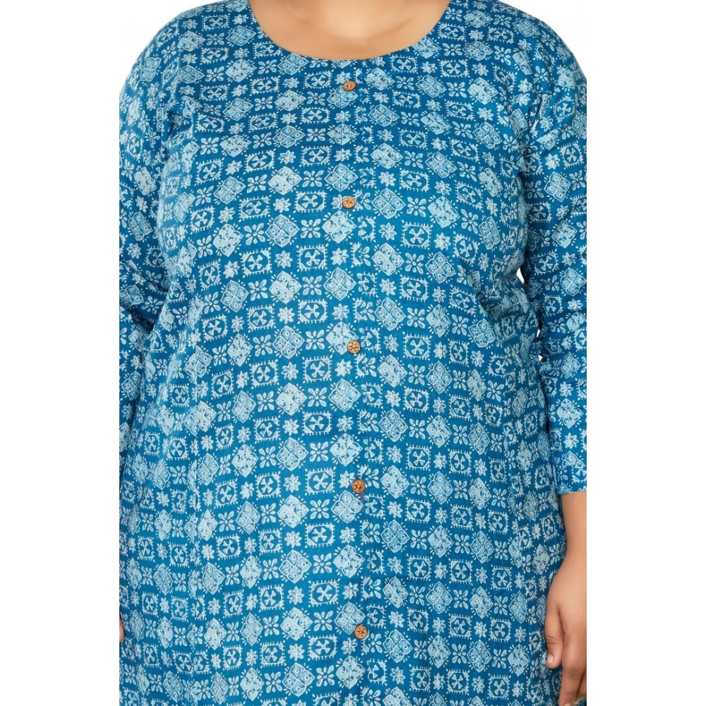 Generic Women's Casual 3/4th Sleeve Regular Printed Pure Cotton Prince Cut A-Line Kurti (Blue)