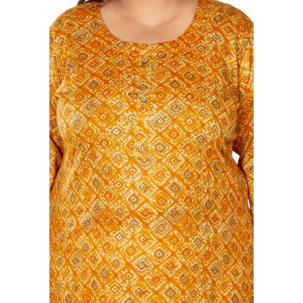 Generic Women's Casual 3/4th Sleeve Golden Foil Printed Capsule Cotton Straight Kurti (Yellow)