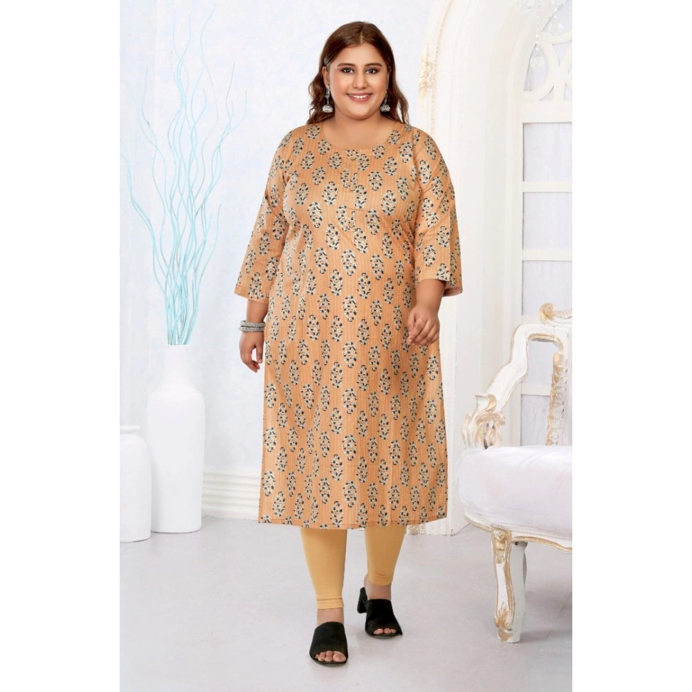 Generic Women's Casual 3/4th Sleeve Golden Foil Printed Pure Cotton Straight Kurti (Light Orange)