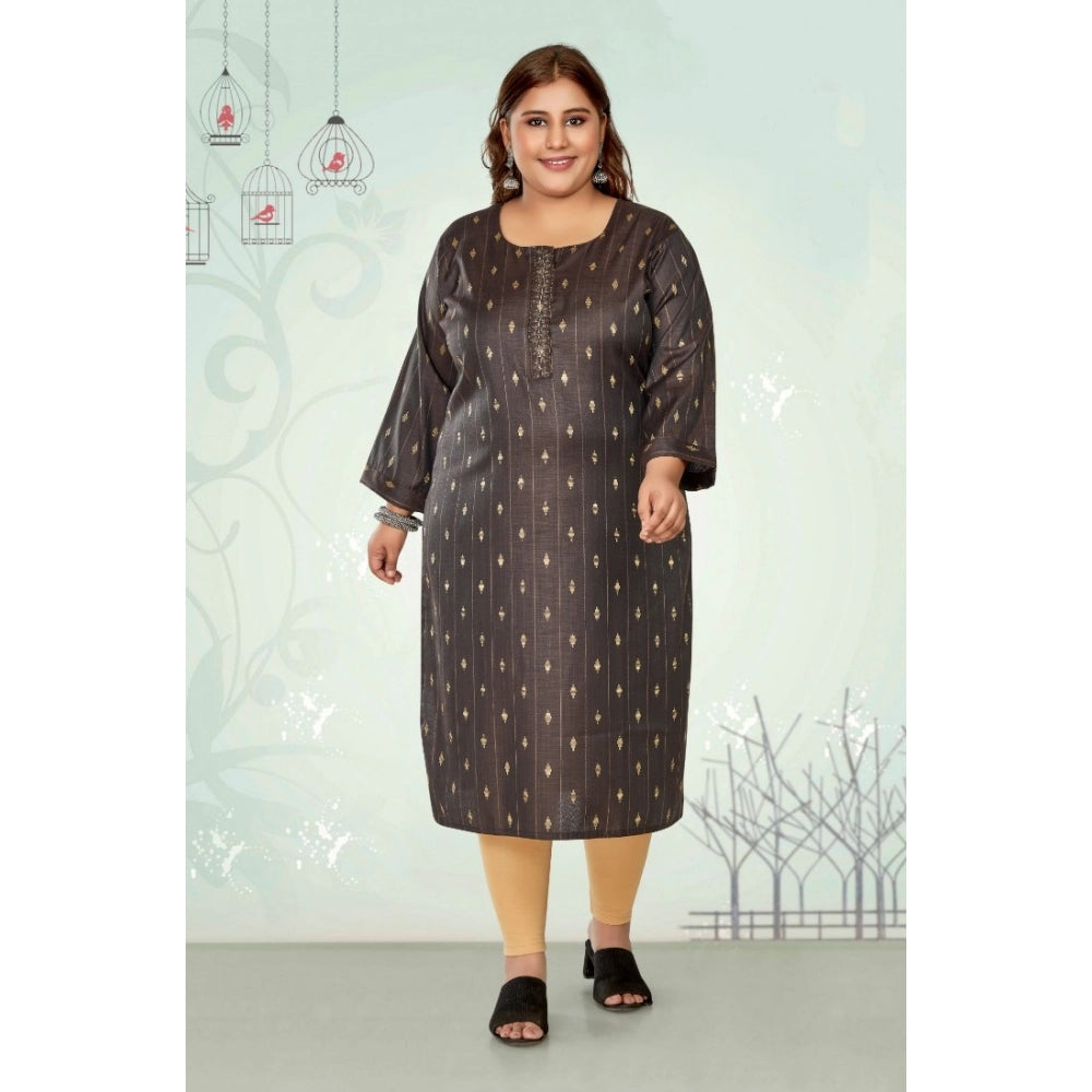 Generic Women's Casual 3/4th Sleeve Golden Embroided Cotton Mix Straight Kurti (Dark Grey)