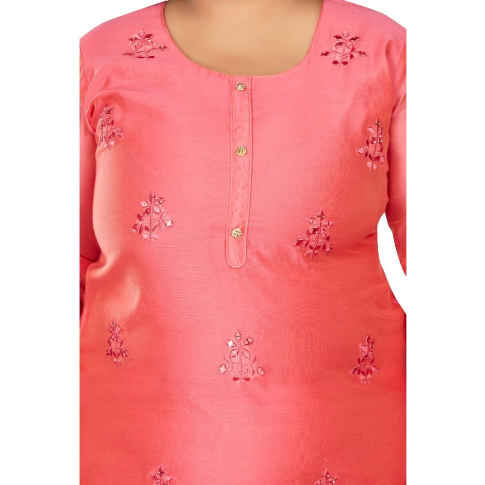 Generic Women's Casual 3/4th Sleeve Mirror Embroided Rayon Straight Kurti (Pink)