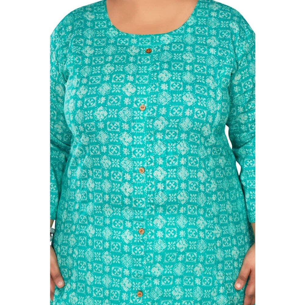 Generic Women's Casual 3/4th Sleeve Regular Printed Pure Cotton Prince Cut A-Line Kurti (Turquoise)