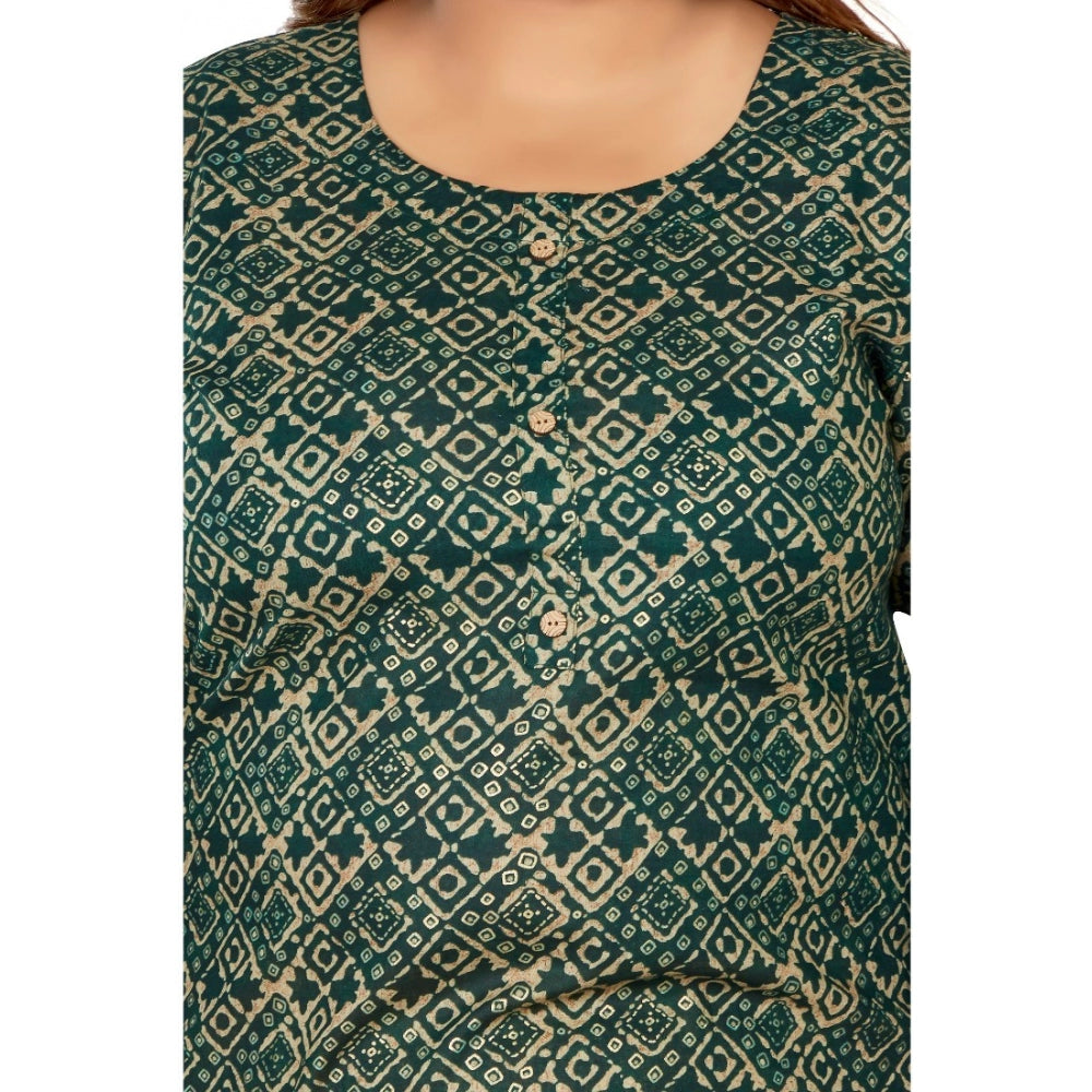 Generisches Damen-Kurti mit 3/4-Ärmeln und goldenem Foliendruck, gerade geschnittenes Kapsel-Baumwoll-Kurti (Dunkelgrün)