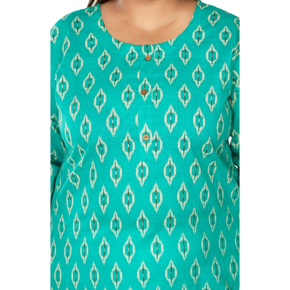 Generic Women's Casual 3/4th Sleeve Ikkat Printed Pure Cotton Straight Kurti (Turquoise)