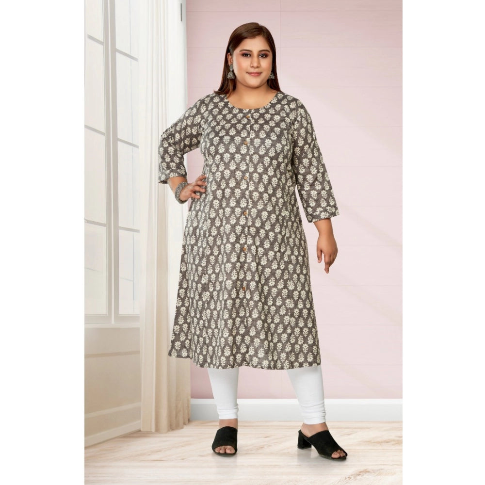 Generic Women's Casual 3/4th Sleeve Printed Pure Cotton Prince Cut A-Line Kurti (Grey)