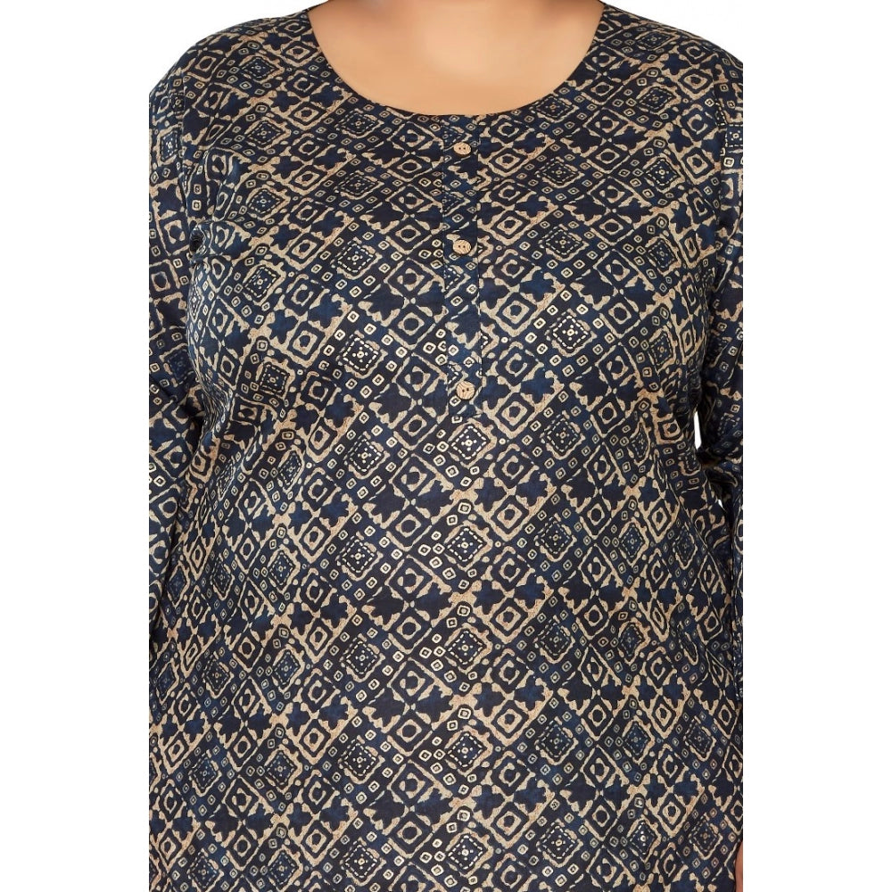 Generisches Damen-Kurti mit 3/4-Ärmeln und goldenem Foliendruck, gerade geschnittenes Kapsel-Baumwoll-Kurti (Marineblau)