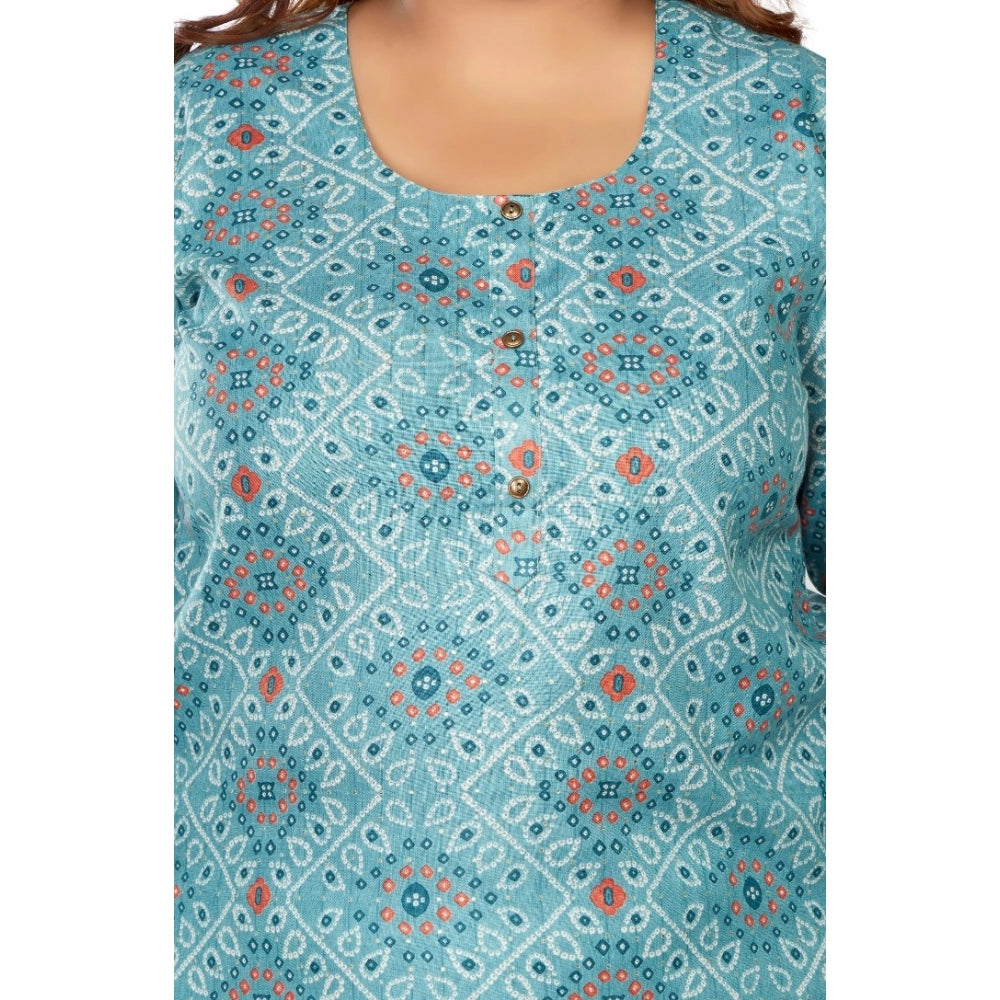 Generic Women's Casual 3/4th Sleeve Golden Foil Printed Rayon Straight Kurti (Blue)