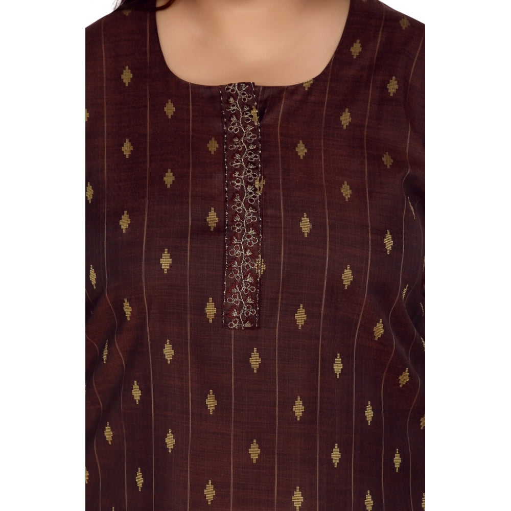 Generisches, gerades Kurti aus Baumwollmischung mit 3/4-Ärmeln und goldener Stickerei für Damen (Kastanienbraun)