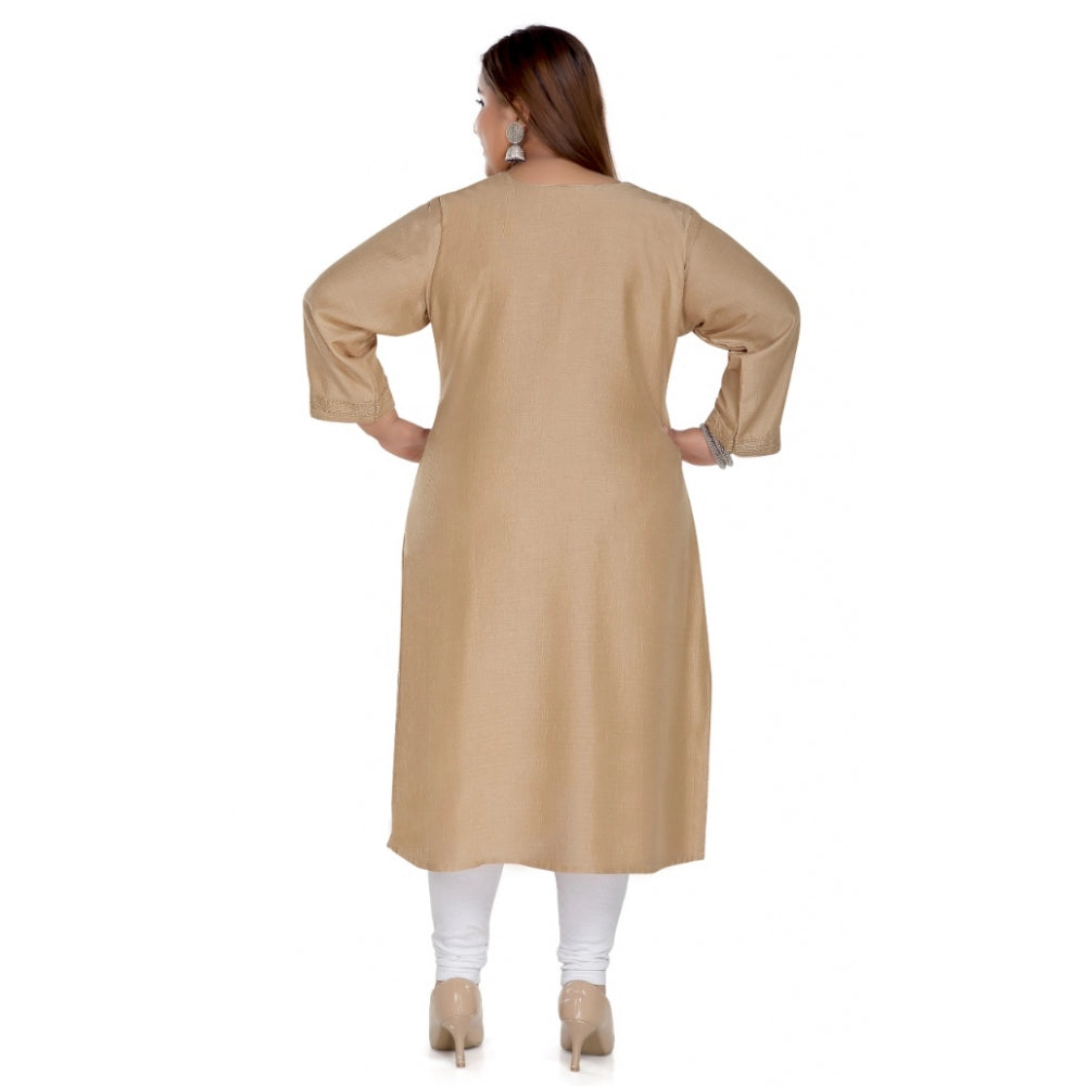 Generisches, gerades Kurti mit 3/4-Ärmeln aus importiertem Stoff, selbstbestickt und gefüttert (hellbraun) für Damen