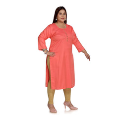 Generic Women's Casual 3/4th Sleeve Rayon Mirror Embroidered Straight Kurti (Pink)