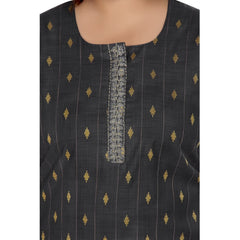 Generic Women's Casual 3/4th Sleeve Cotton Mix Golden Embroidered Straight Kurti (Black)