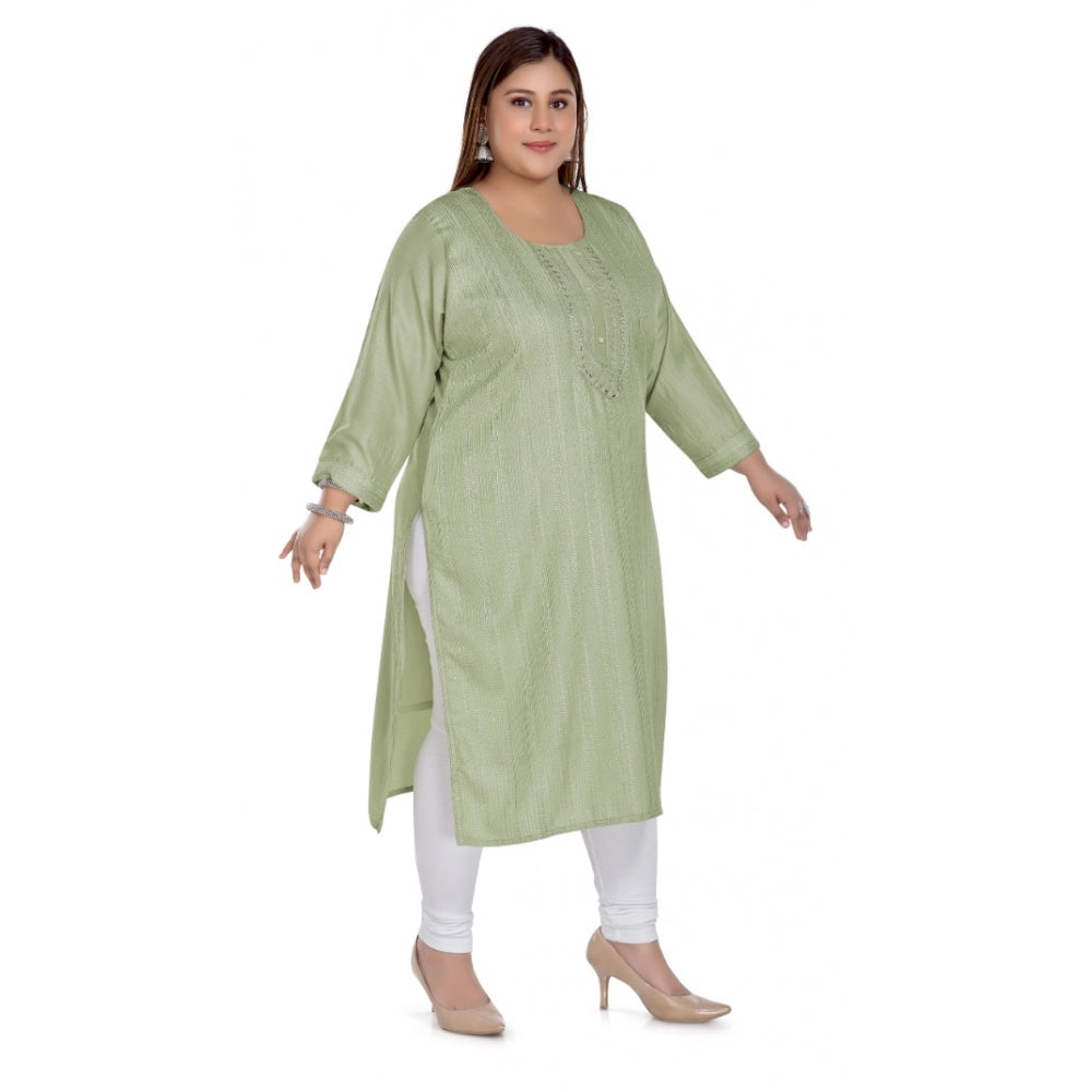 Generic Women's Casual 3/4th Sleeve Imported Fabric Self Embroidered Straight Kurti With Lining (Pista Green)