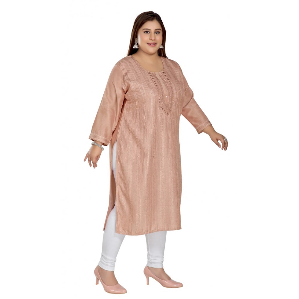 Generisches, gerades Kurti mit 3/4-Ärmeln aus importiertem Stoff, selbstbestickt und gefüttert (Corel-Pink) für Damen