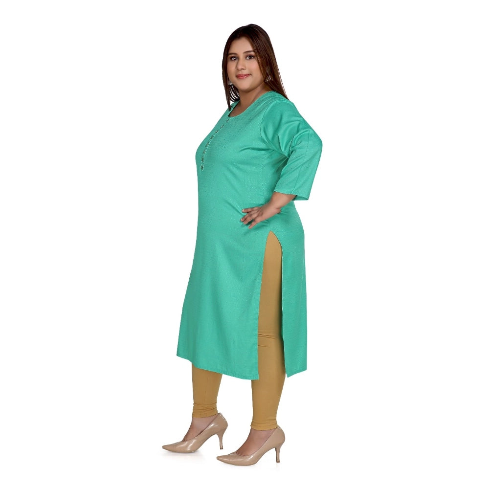 Generisches Damen-Kurti mit 3/4-Ärmeln, Viskose, bestickt, gerade, türkis