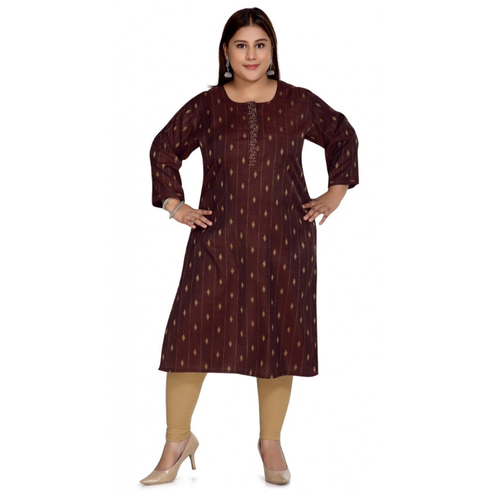 Generic Women's Casual 3/4th Sleeve Cotton Mix Golden Embroidered Straight Kurti (Maroon)