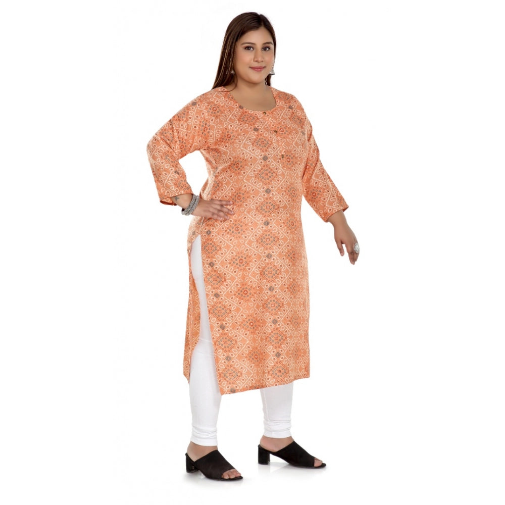 Generic Women's Casual 3/4th Sleeve Rayon Golden Foil Printed Straight Kurti (Light Orange)