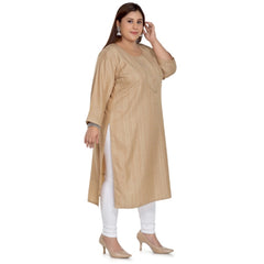 Generic Women's Casual 3/4th Sleeve Imported Fabric Self Embroidered Straight Kurti With Lining (Tan)