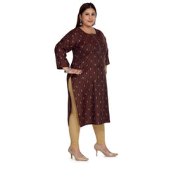 Generisches, gerades Kurti aus Baumwollmischung mit 3/4-Ärmeln und goldener Stickerei für Damen (Kastanienbraun)