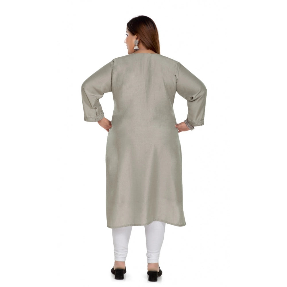 Generisches, gerades Kurti mit 3/4-Ärmeln aus importiertem Stoff, selbstbestickt und gefüttert (grau) für Damen