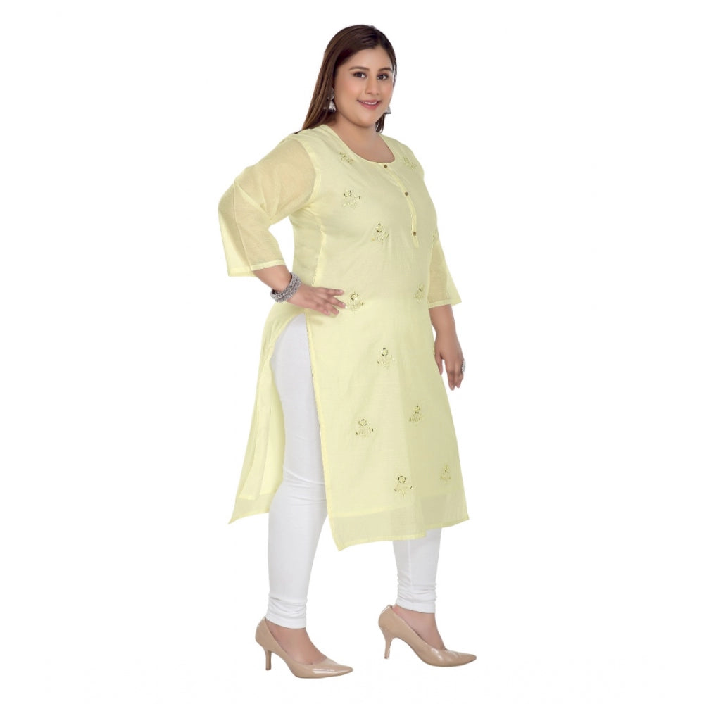 Generic Women's Casual 3/4th Sleeve Rayon Mirror Embroidered Straight Kurti (Light Yellow)