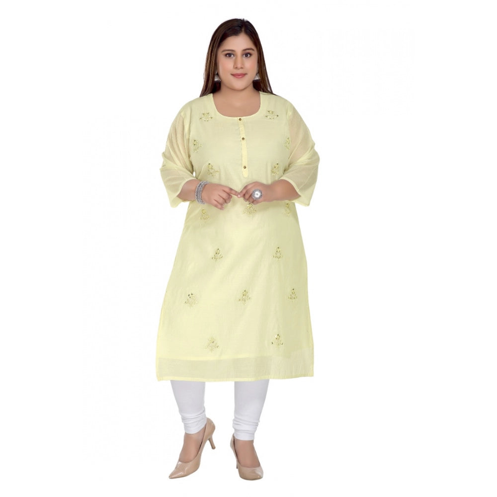 Generic Women's Casual 3/4th Sleeve Rayon Mirror Embroidered Straight Kurti (Light Yellow)