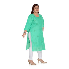 Generic Women's Casual 3/4th Sleeve Rayon Mirror Embroidered Straight Kurti (Green)