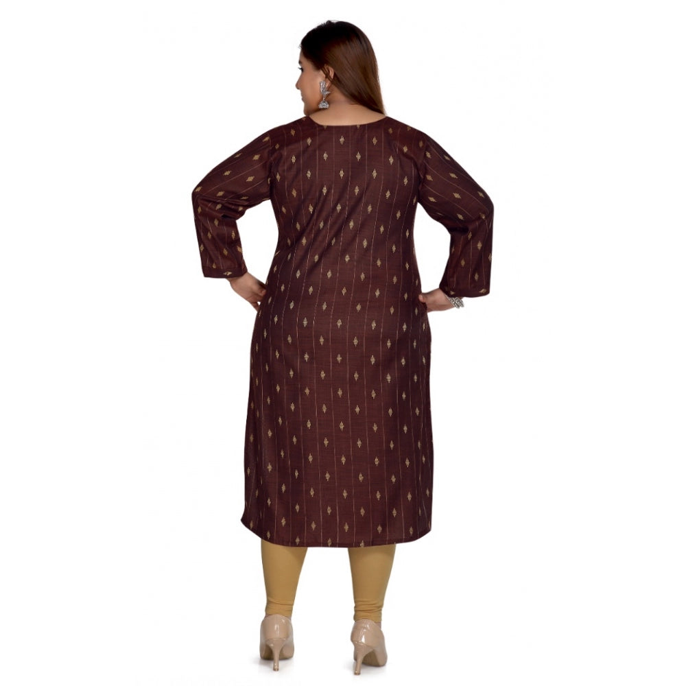 Generic Women's Casual 3/4th Sleeve Cotton Mix Golden Embroidered Straight Kurti (Maroon)