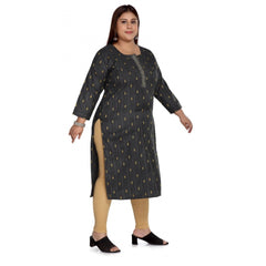 Generic Women's Casual 3/4th Sleeve Cotton Mix Golden Embroidered Straight Kurti (Black)