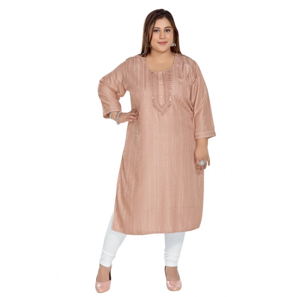 Generisches, gerades Kurti mit 3/4-Ärmeln aus importiertem Stoff, selbstbestickt und gefüttert (Corel-Pink) für Damen