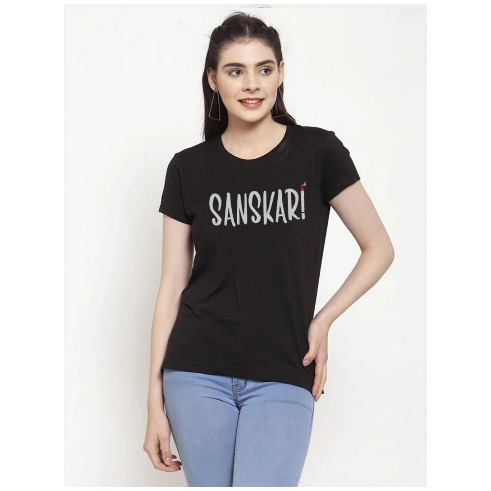 Generisches Damen-T-Shirt aus Baumwollmischung mit Sanskari-Aufdruck (Schwarz)