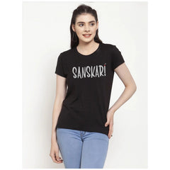 Generic Women's Cotton Blend Sanskari Printed T-Shirt (Black)