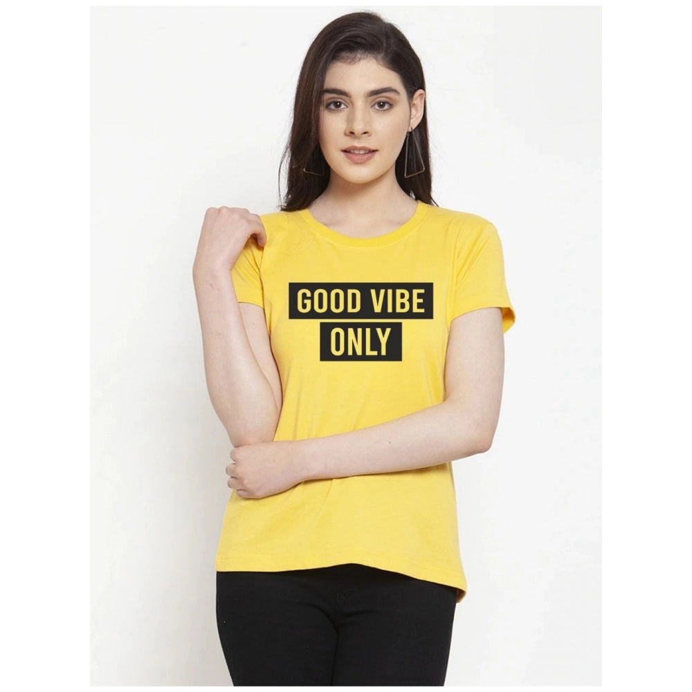 Generic Women's Cotton Blend Good Vibe Only Printed T-Shirt (Yellow)