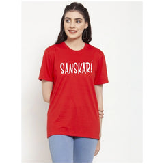 Generic Women's Cotton Blend Sanskari Printed T-Shirt (Red)