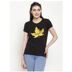 Generic Women's Cotton Blend Leafe Printed T-Shirt (Black)