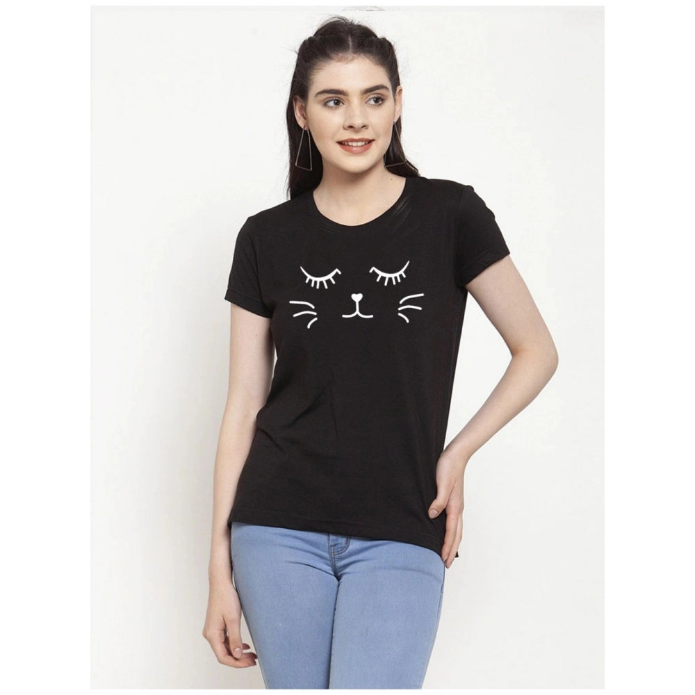 Generic Women's Cotton Blend Graphic Cat Printed T-Shirt (Black)