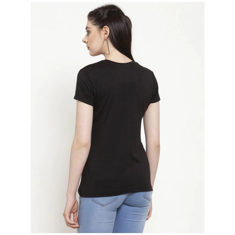 Generisches Damen-T-Shirt mit Blattmuster aus Baumwollmischung (Schwarz)